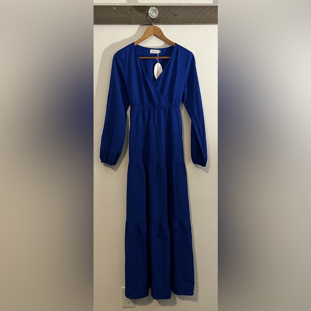 Coolmee Solid Blue Tiered Long Sleeve Empire Waist Maxi Dress Small NWT